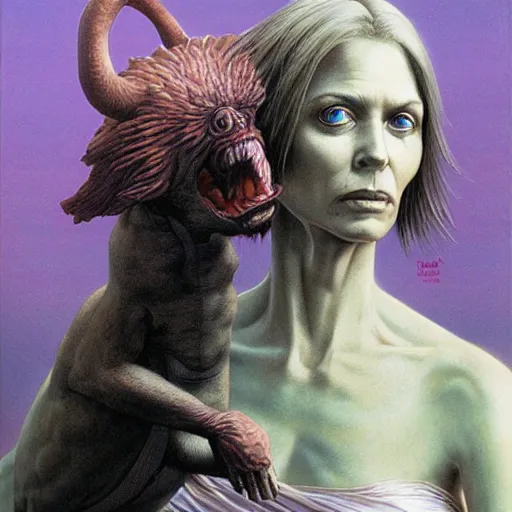 Image similar to portrait of a woman and her giant monster pet, by wayne barlowe