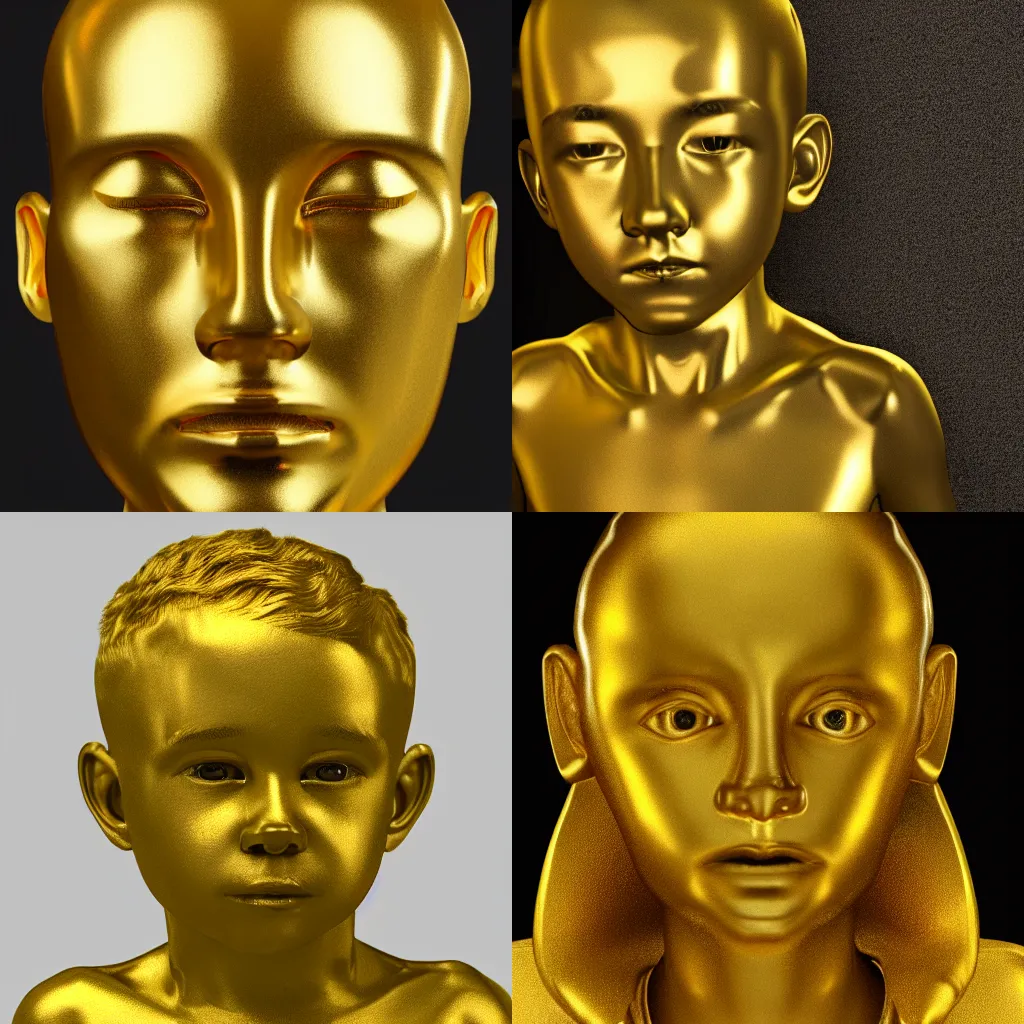 Prompt: A boy made out of gold, photorealistic, 4k, scp