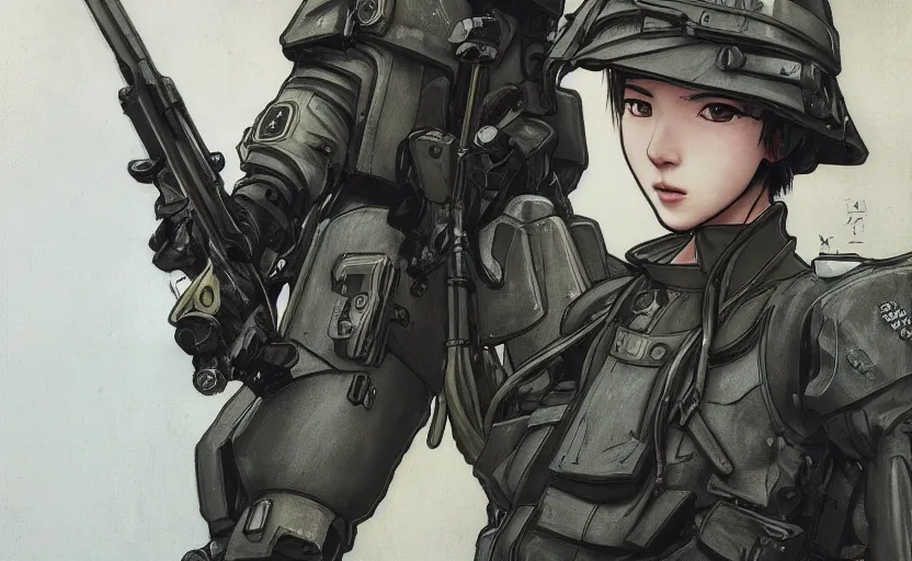 Prompt: top portrait of mechanized soldier girl, anime style, urban in background, soldier clothing, combat helmet, short hair, hair down, symmetrical facial features, from arknights, hyper realistic, 4 k, rule of thirds, extreme detail, detailed drawing, trending artstation, hd, d & d, realistic lighting, by alphonse mucha, greg rutkowski