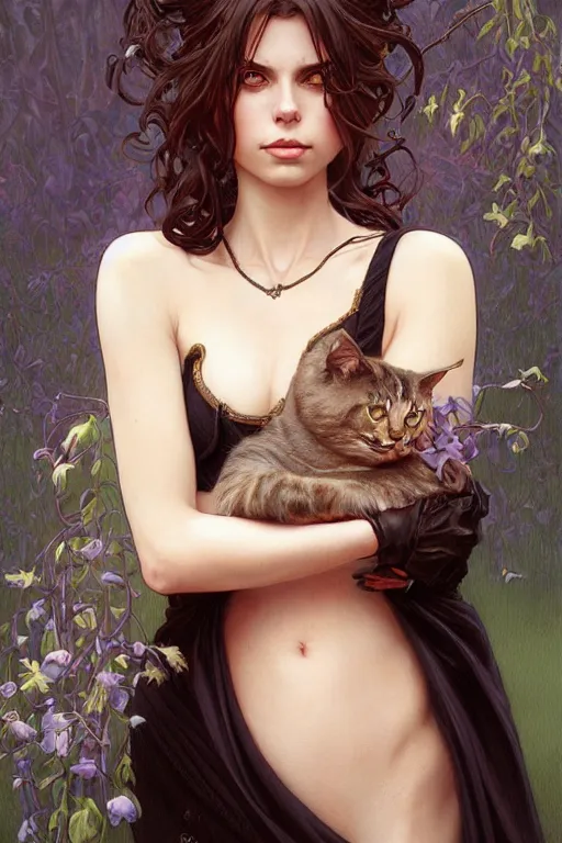 Image similar to portrait of a queen cat lady, dark, piercing eyes, gentle expression, elegant clothing, photorealistic, highly detailed, artstation, smooth, sharp focus, art by michael whelan, artgerm, greg rutkowski and alphonse mucha