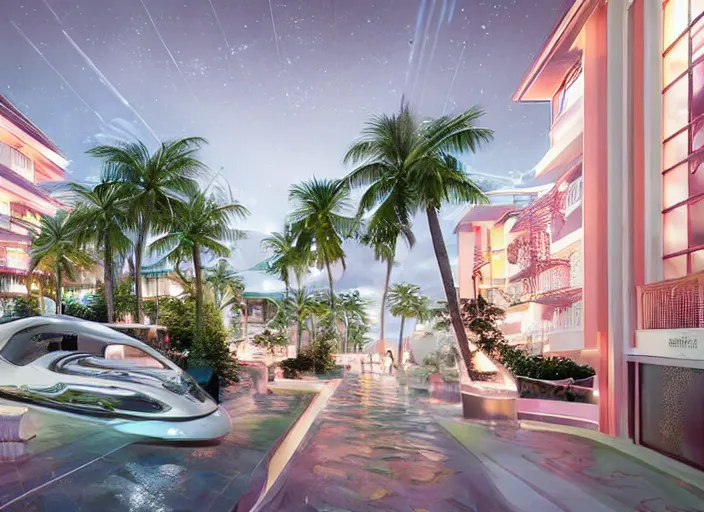 Image similar to futuristic luxurious street with Singaporean lush onsen with royal white and pink and white and luxurious gold colors, advanced civilization, high-end onsen, at the Sea Of Stars of Vaadhoo Island Maldives, Bioluminescent sea plankton that shines bright blue during the night makes the sea area, glowing water, intricate, elegant, luxurious, digital painting, concept art, smooth, sharp focus, from Star Trek 2021, illustration, by WLOP and Ruan Jia and Mandy Jurgens and William-Adolphe Bouguereau, Artgerm