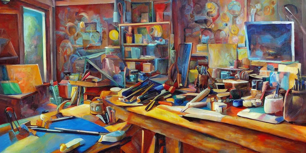 Image similar to artist painter workplace with tools and paints, art style by bryen frost