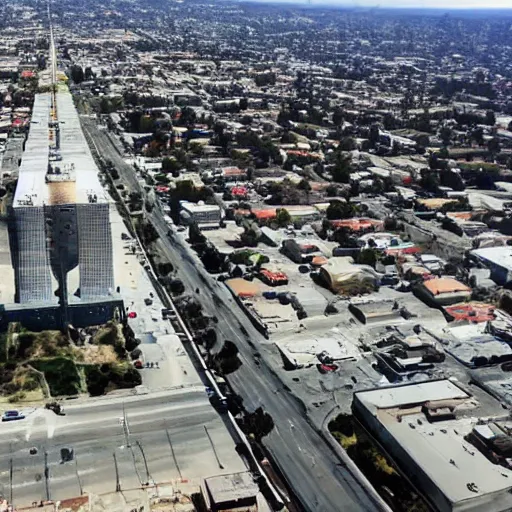 Image similar to los angeles ariel drone shot : : nuclear bomb : :