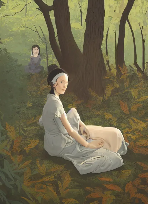 Prompt: a painting of a woman sitting in a tall forest, painting by will barnet, artstation contest winner, matte painting, 2 d game art