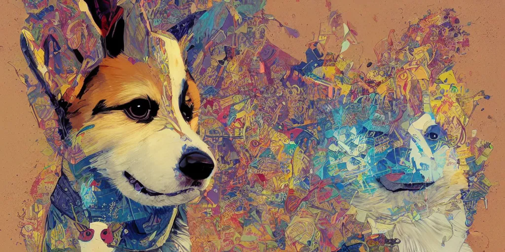 Prompt: beautiful painting of a corgi royalty, by Jamie Hewlett, Victo Ngai, Ismail Inceoglu. trending on Artstation, 8k, masterpiece, graffiti paint, fine detail, full of color, intricate detail, golden ratio illustration