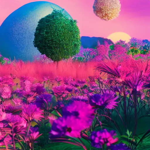 Image similar to hd futuristic blissful idyllic landscape full of cgi flowers and blossoms blooming under a false bright pink sun, hd, hyperrealistic, hyper detailed