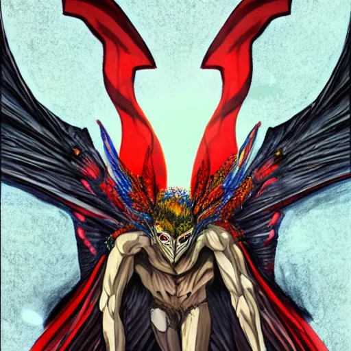 Image similar to 4K headshot of mothman holding something and bloody clothes with giant wings , intricate face , flawless anime cel animation by Kentaro Miura,psychedelic , highly detailed upper body , professionally post-processed , beautiful, scary, symmetry accurate features, epic, octane rendered, anime masterpiece, accurate