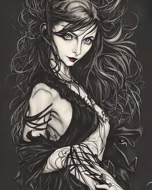 Prompt: style of arthur rackham, artgerm : : gorgeous willa holland : : evil witch, swirling black magic, black dress : : symmetrical face, symmetrical eyes : : full body pose : : gorgeous black hair : : magic lighting, low spacial lighting : :