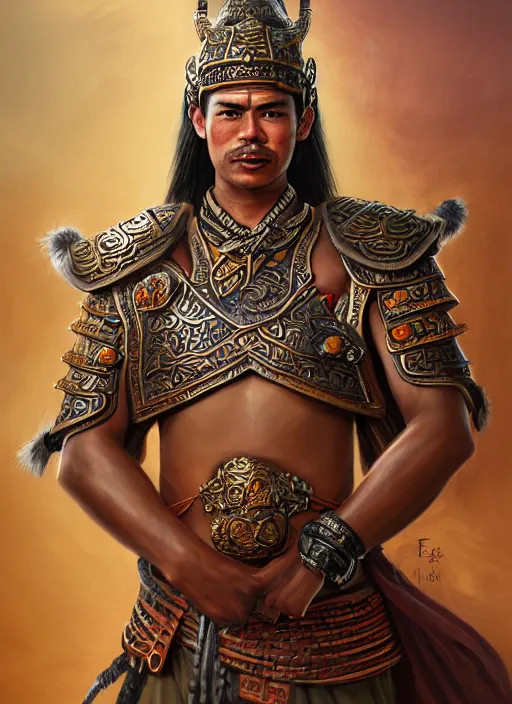 Image similar to smart tai warlord of lanna, closeup portrait, without beard and mustache, historical hero, ethnic group, tai costume, thai transitional bronze headdress, intricate, with leather armor cross on bare chest, elegant, loin cloth, highly detailed, oil painting, artstation, concept art, matte, sharp focus, illustration, hearthstone, art by earl norem