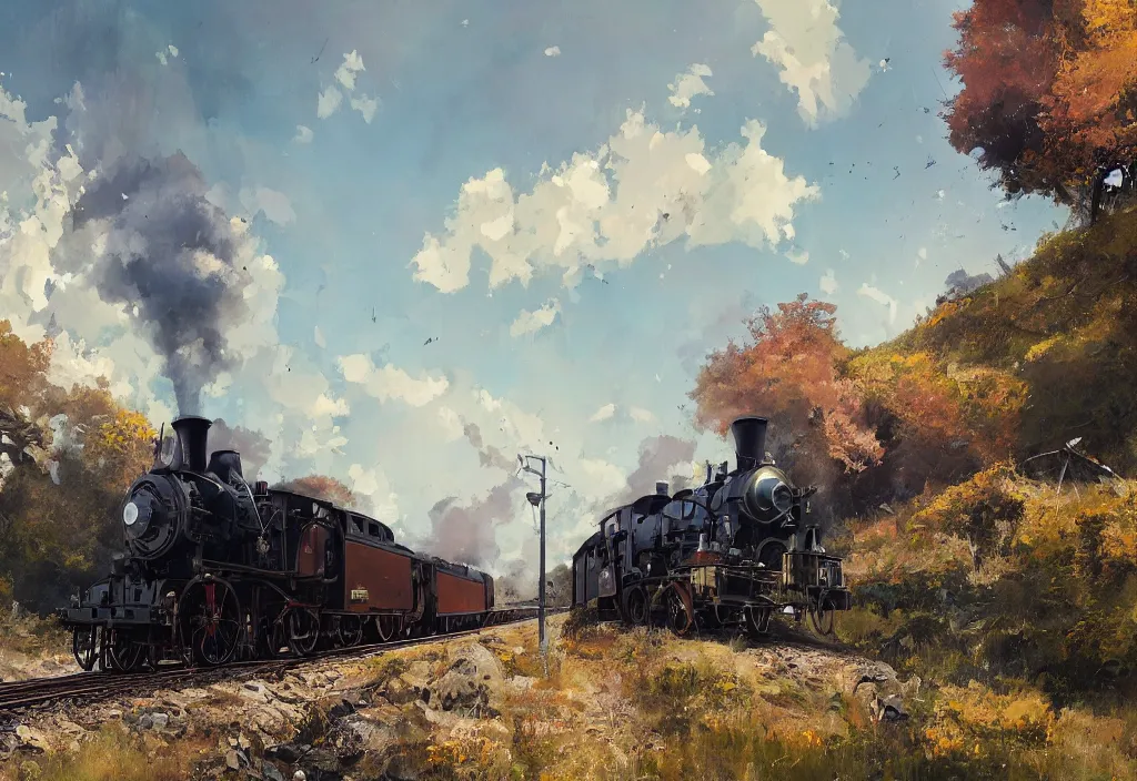 Prompt: a 1 9 th century steam train in a stunning landscape by ismail inceoglu, oil on canvas big brushstrokes, line art, winning - award masterpiece, fantastic, octane render, 8 k hd resolution, high quality image