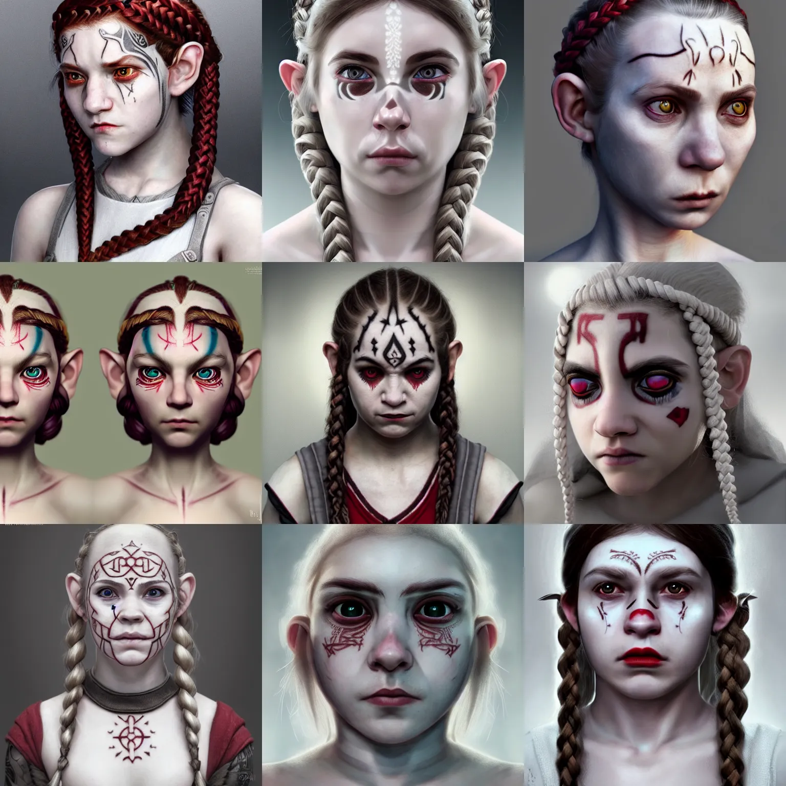 Prompt: realistic portrait of a young female halfling with white!! hair and a grey monks habit, strange geometric facial - tattoos!!, pale - white skin, red iris, long braided hair, haunted sad expression, artstation, cinematic lighting, hyper - detailed 8 k