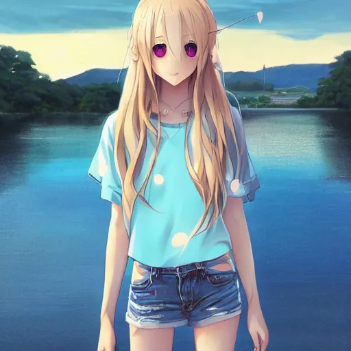 Prompt: a very beautiful anime girl, full body, long wavy blond hair, sky blue eyes, full round face, short smile, cute top, short jeans, summer lake setting, cinematic lightning, medium shot, mid-shot, highly detailed, trending on Artstation, Unreal Engine 4k, cinematic wallpaper by Stanley Artgerm Lau, WLOP, Rossdraws, James Jean, Andrei Riabovitchev, Marc Simonetti, and Sakimichan