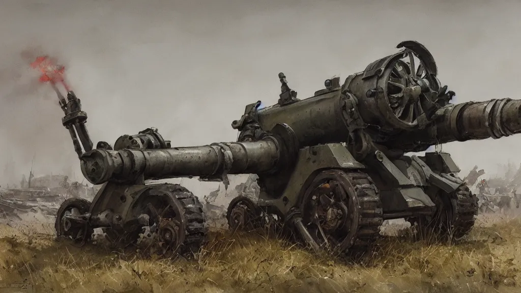 Image similar to closeup of howitzer cannon ww 2, watercolored, jakub rozalski, dark colours, dieselpunk, high quality, artstation