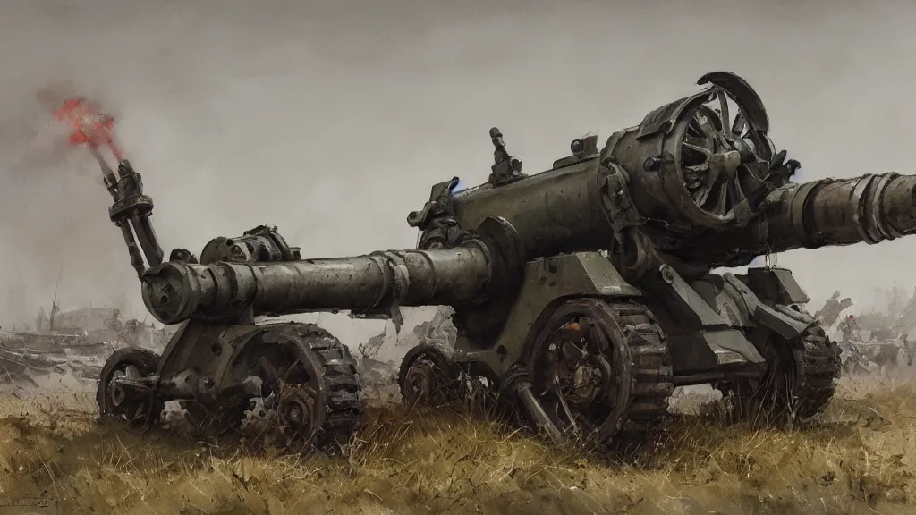 Prompt: closeup of howitzer cannon ww 2, watercolored, jakub rozalski, dark colours, dieselpunk, high quality, artstation