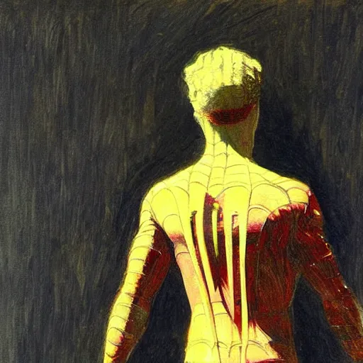 Image similar to Back view of spiderman, intricate, maximalism, deep shadows, award winning, by Ilya Repin