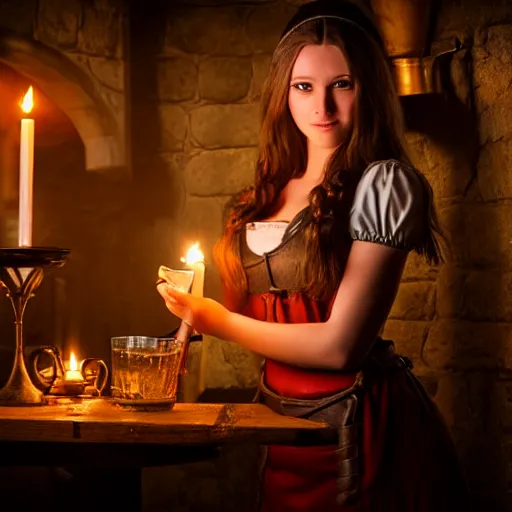 Image similar to young attractive beautiful bar maid in a medieval tavern at night with candles, wow 4 k detail fantasy, matte painting, realistic materials, photo realistic, postprocessing, cinematic, hyperrealistic, studio lighting, photography by richard jenkins