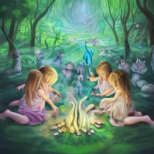 Image similar to “ childs in a magical forest making ritual, artwork, fantasy, face detailed ”