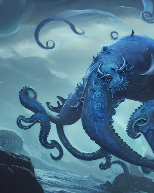 Image similar to A blue Kraken in the sea, highly detailed, fantasy art, female art, in the style of greg rutkowski, illustration, epic, fantasy, intricate, hyper detailed, artstation, concept art, smooth, sharp focus, ray tracing