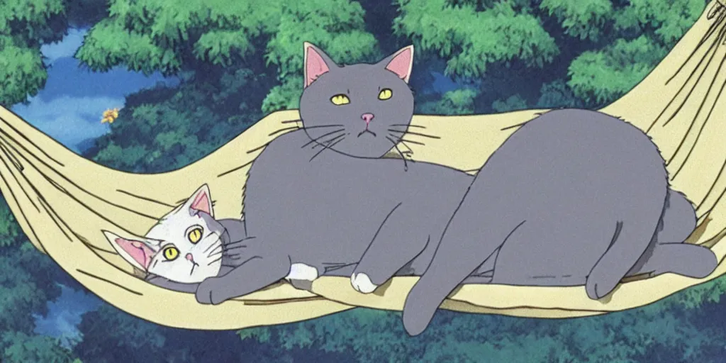 Prompt: grey european shorthair cat sleeping on a hammock, anime still by studio ghibli, by hayao miyazaki