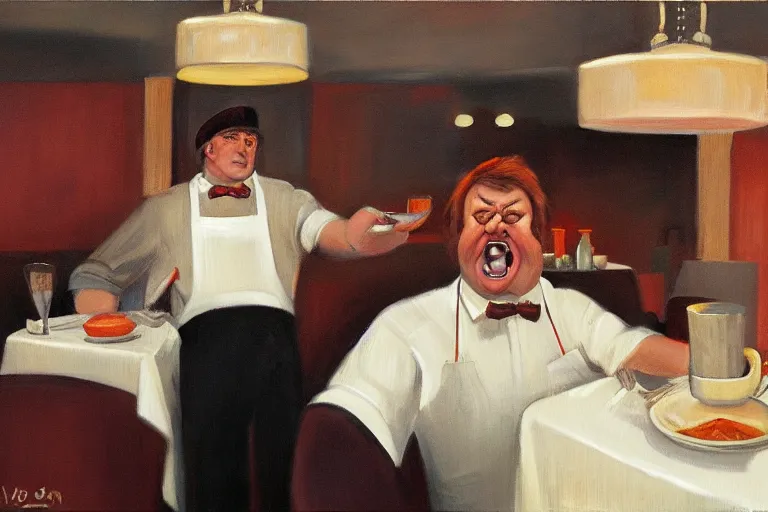 Image similar to a grumpy busser in a restaurant yells at the owner, art by dean macadam