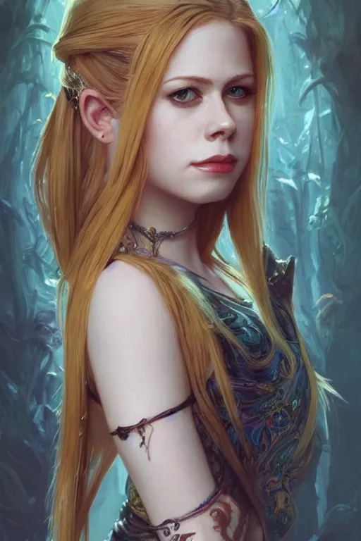 Prompt: portrait of avril lavigne, 2 5 years old, upper body, d & d, fantasy, intricate, elegant, highly detailed, digital painting, artstation, concept art, smooth, sharp focus, illustration, art by artgerm and greg rutkowski and alphonse mucha
