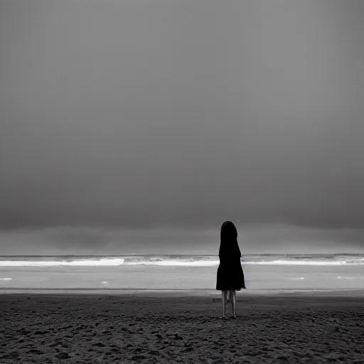 Prompt: Conceptual Art glitch girl wrapped in a blanket and very very tall monster looks into the distance on the beach, in the rain, style of Hiroshi Sugimoto, atmospheric,