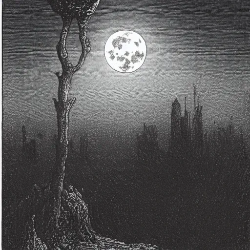 Prompt: a distant city, trees, night, full moon, clouds, chiaoscuro, illustration by Gustave Doré, a giant Cthulhu in the background