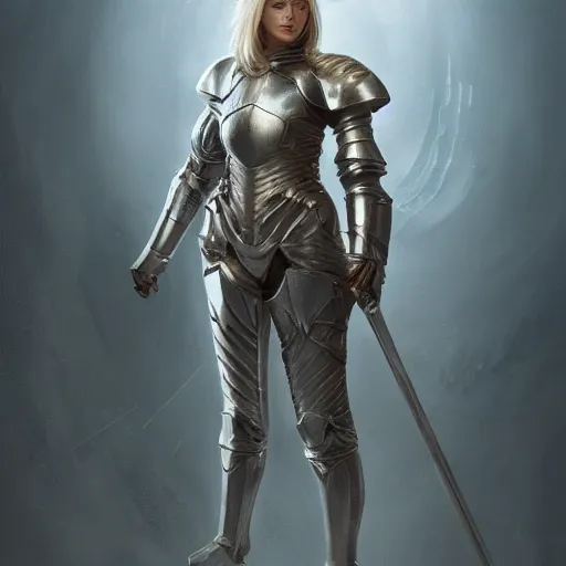 Prompt: full body portrait of a blonde female wearing knight armor, an ultrafine hyperdetailed illustration by tooth wu and wlop and beeple and greg rutkowski, trending on artstation, highly detailed, 4 k, 8 k