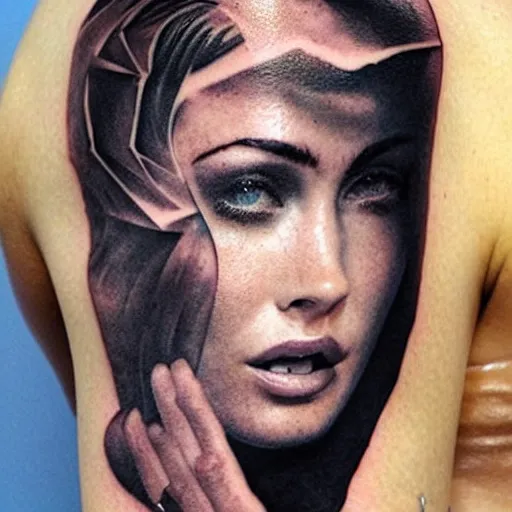 Image similar to double - exposure tattoo of megan fox and beautiful mountains, in the style of dan mountford