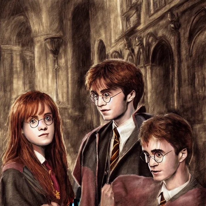 Prompt: Harry Potter Ron and Hermione in the Hogwarts common room, drawn by Mikhail Vrubel, hyper realistic face, high resolution
