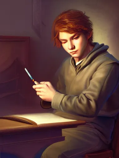 Image similar to a young handsome man, writing a poem. intricate, elegant, highly detailed, digital painting, artstation, concept art, sharp focus, illustration, by justin gerard and artgerm, 8 k