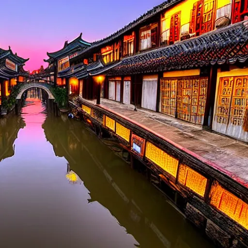 Prompt: evening water town in the south of china, zhouzhuang ancient town, sunset glow, super realistic photo