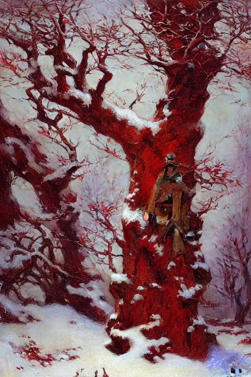 Prompt: winter, one giant red tree, ground covered with snow, extreme long shot, fantasy, painting by gaston bussiere, craig mullins, j. c. leyendecker, trending on artstation