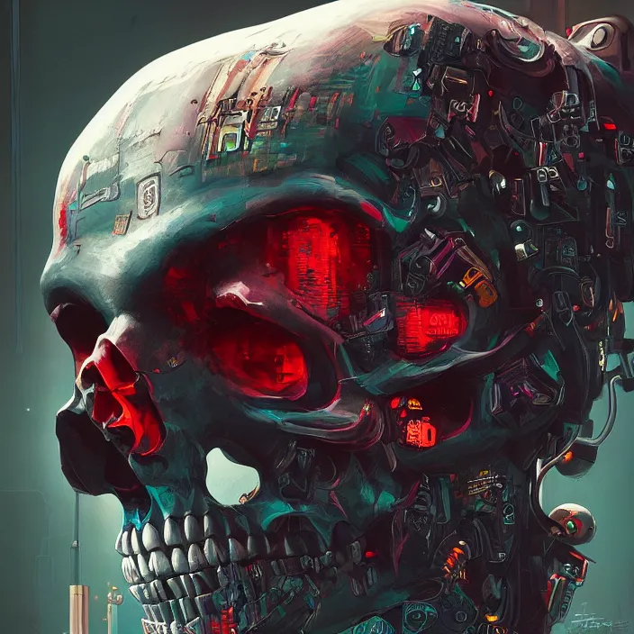 Image similar to a beautiful painting of a cyberpunk skull by pascal blanche and julian calle and nekro. in style of colorful comic noir illustration, symmetry, sci fi, hyper detailed. octane render. trending on artstation