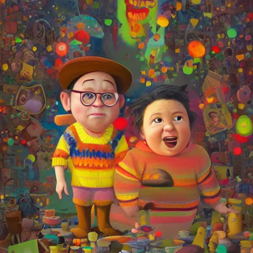 Prompt: Danny Davito, pixar cute, highly detailed, sharp focus, neon color, digital painting, floating particles, excitement, artwork by Jeremiah Ketner + Mati Klarwein + Fintan Magee + Chris Mars, background artwork by greg rutkowski