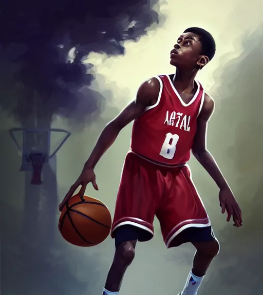 Prompt: portrait of a boy at a basketball court playing basketball wearing a basketball uniform in a basketball court attempting to score, intense emotion, detailed facial expression, detailed surroundings, intricate, elegant, highly detailed, centered, digital painting, artstation, concept art, smooth, sharp focus, illustration, by Peter Mohrbacher, WLOP