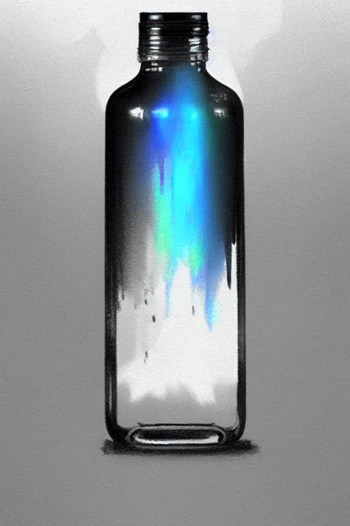 Image similar to concept art of an apple computer dietary supplement in a transparent bottle filled with blue magenta iridescent liquid, by greg rutkowski, black and white tones, white background, digital painting, artstation, concept art, smooth, sharp foccus ilustration hq