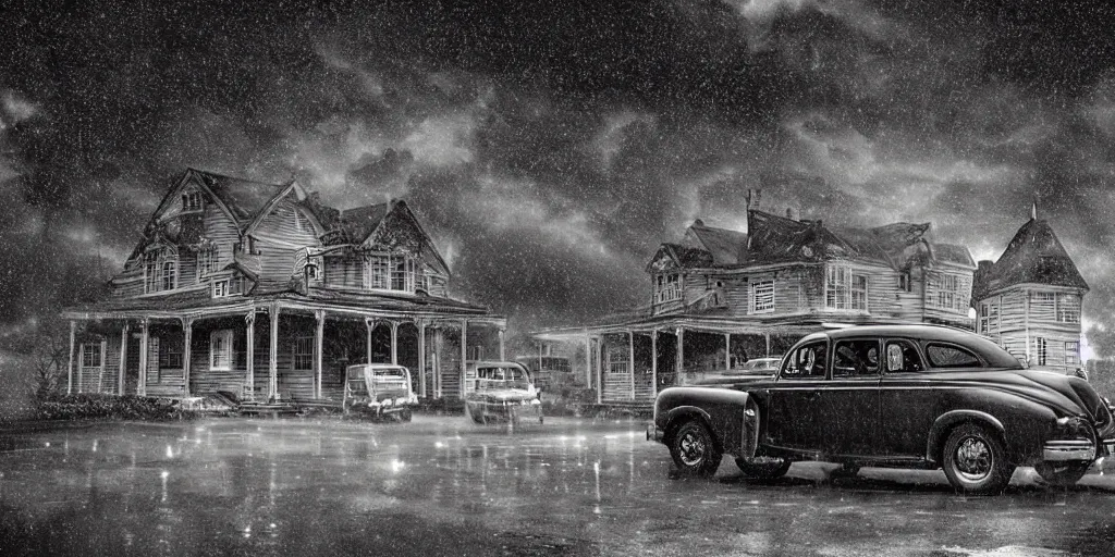 Prompt: Lovecraft Country, ultra detailed haunted house, stormy weather, rain, ultra detailed rain clouds, establishing atmospheric shot, unreal engine, F11 aperture, night, detailed volumetric fog, lighting and thunder, film grain, ultra detailed grey 1948 Packard Station Sedan parked in the street,