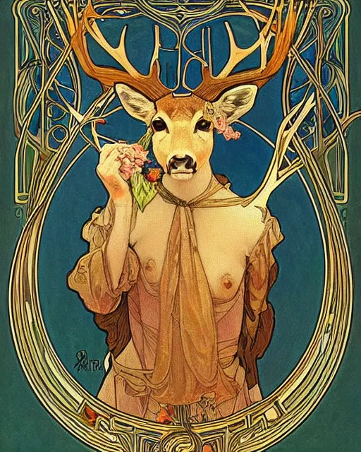 Image similar to an art nouveau painting of a deer with antlers, highly detailed, intricate, artstation, by alphonse mucha