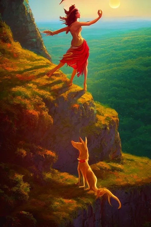 Prompt: the fool tarot card, a maiden dances on the edge of a cliff with a little dog barking beside her, 8 k resolution digital painting, cinematic lighting, deviantart artstation, by alena aenami, by michael whelan, bokeh, behance hd