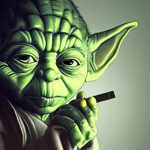 Prompt: Yoda smoking a cigarette, digital art, realistic, artstation, detailed