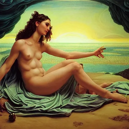 Image similar to Full body oil painting of the beautiful goddess Gal Gadot as Venus, she is wearing roman clothes and a surreal jewelry, her hair is natural disheveled, she is approaching heaven over the clouds, naturalism, dramatic lighting, high-detailed oil painting by Ilya Repin, Michelangelo da Caravaggio, William Blake, Alex Grey and Beksinski, trending on Artsation, hystorical painting, naturalism, masterpiece, 4k, 8k,