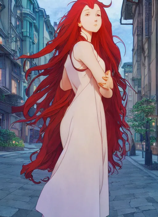 Prompt: beautiful young woman with long red hair walking down city street at night, path traced, highly detailed, high quality, digital painting, by studio ghibli and alphonse mucha, leesha hannigan, makoto shinkai, disney