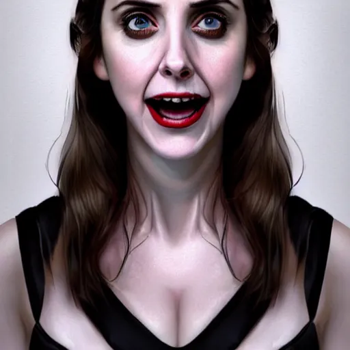 Prompt: gorgeous female Alison Brie, horror movie slasher, slasher movie, realistic character concept, violent pose, creepy smile, shorter neck, illustration, symmetrical face and body, realistic eyes, cinematic lighting, hyperdetailed, detailed realistic symmetrical eyes, face by artgerm, symmetrical nose, high resolution, Charlie Bowater, Tom Bagshaw, single face, insanely detailed and intricate, beautiful, elegant, dark living room background