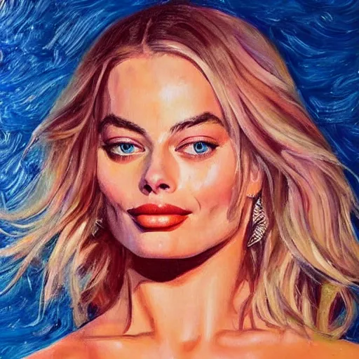 Prompt: a painting of Margot Robbie by a famous painter, award winning painting, vibrant, amazing detail