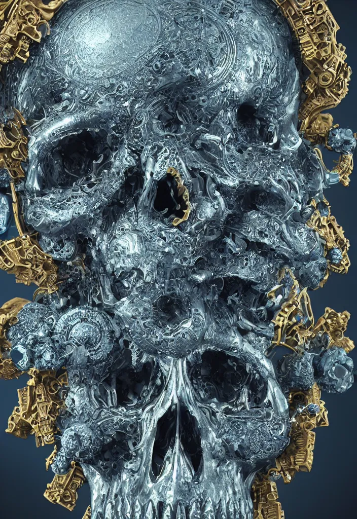 Prompt: portrait of a 3d render ultra detailed skull, one skull centered, art deco, intricate gears details, hyperrealistic, ultra detailed, elegant, octane render, blue and gold, 8k, trending on Artstation, unreal engine