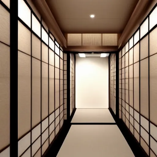 Prompt: still photo of a japanese hallway, highly detailed, photorealistic portrait, bright studio setting, studio lighting, crisp quality and light reflections, unreal engine 5 quality render