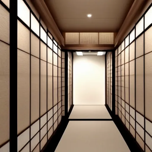 Image similar to still photo of a japanese hallway, highly detailed, photorealistic portrait, bright studio setting, studio lighting, crisp quality and light reflections, unreal engine 5 quality render