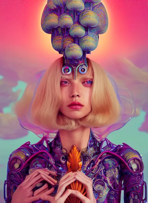 Image similar to pretty futuristic blonde model with hallucination mushroom : : by martine johanna and simon stalenhag and chie yoshii and casey weldon and wlop : : ornate, dynamic, particulate, rich colors, intricate, elegant, highly detailed, vogue, harper's bazaar art, fashion magazine, smooth, sharp focus, 8 k, octane render,