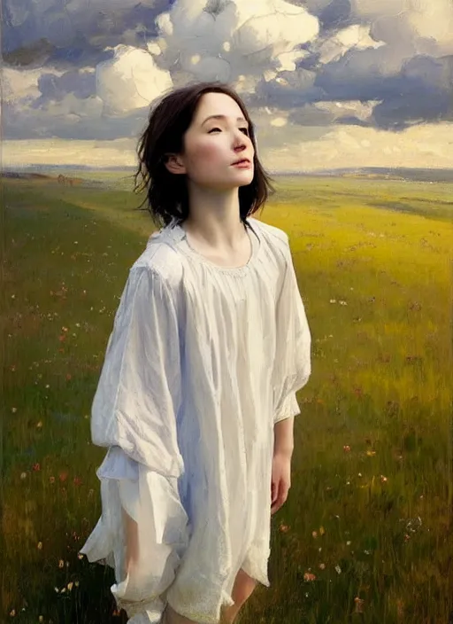 Image similar to portrait of a girl dressed in white clothes chasing flying whales, countryside, calm, fantasy character portrait, dynamic pose, above view, sunny day, thunder clouds in the sky, artwork by Jeremy Lipkin and Giuseppe Dangelico Pino and Michael Garmash and Rob Rey, very coherent asymmetrical artwork, sharp edges, perfect face, simple form, 100mm